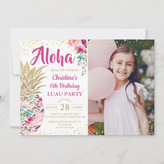 Tropisch roze gouden anananas Luau Birthday Foto Kaart (Voorkant)