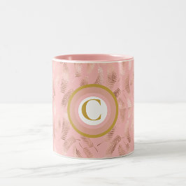 Tropisch Roze & Gouden Bladeren Monogram Tweekleurige Koffiemok