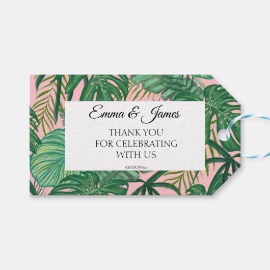 Tropisch roze groen script bruiloft Bedankt Cadeaulabel (Voorkant (Horizontaal))