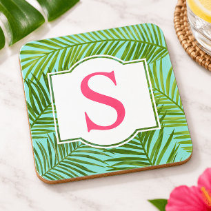 Tropisch Roze Groene Palmbladeren Monogram Initiaa Bier Onderzetter
