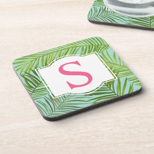 Tropisch roze groene palmbladeren Monogram Initiaa Bier Onderzetter (Linkerzijde)