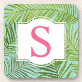 Tropisch roze groene palmbladeren Monogram Initiaa Bier Onderzetter (Voorkant)