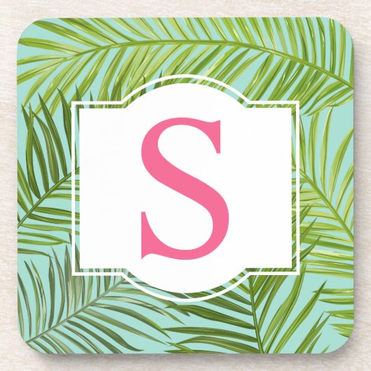 Tropisch roze groene palmbladeren Monogram Initiaa Bier Onderzetter (Voorkant)