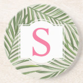 Tropisch roze groene palmbladeren Monogram Initiaa Zandsteen Onderzetter (Voorkant)
