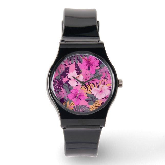 Tropisch Roze Hibiscus - Bladerige Bloemen Ontwerp Horloge (Voorkant)