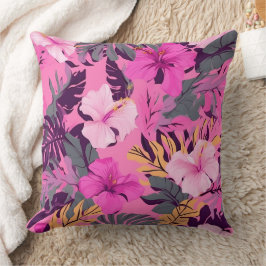 Tropisch Roze Hibiscus - Bladerige Bloemen Ontwerp Kussen