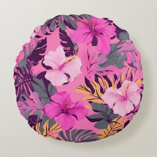 Tropisch Roze Hibiscus - Bladerige Bloemen Ontwerp Rond Kussen (Voorkant)