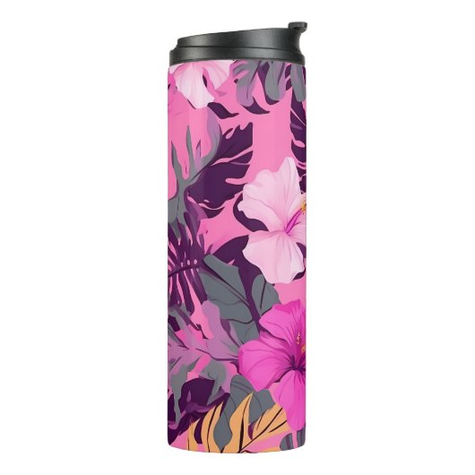 Tropisch Roze Hibiscus - Bladerige Bloemen Ontwerp Thermosbeker (Gedraaid links)