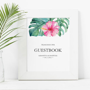 Tropisch Roze Hibiscus Bloem Bruiloft Gastenboek Poster