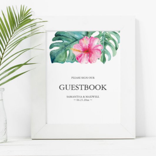 Tropisch Roze Hibiscus Bloem Bruiloft Gastenboek Poster