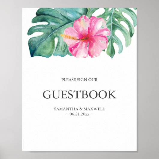 Tropisch Roze Hibiscus Bloem Bruiloft Gastenboek Poster (Voorkant)