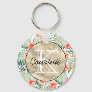 Tropisch Roze Hibiscus Bloem Gouden Monogram     Sleutelhanger