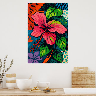 Tropisch Roze Hibiscus Bloem Pop Art Poster
