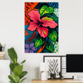 Tropisch Roze Hibiscus Bloem Pop Art Poster (Thuiskantoor)