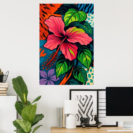 Tropisch Roze Hibiscus Bloem Pop Art Poster (Thuiskantoor)