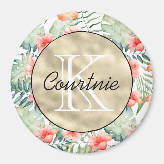 Tropisch roze hibiscus Floral monogram Magneet (Voorkant)