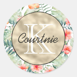 Tropisch roze hibiscus Floral monogram Ronde Sticker