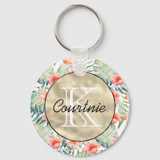 Tropisch roze hibiscus Floral monogram Sleutelhanger (Voorkant)
