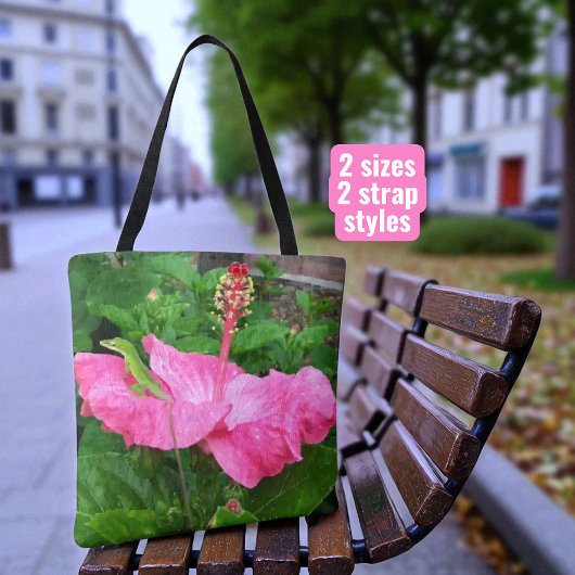 Tropisch roze hibiscus flower Anole Lizard Foto Tote Bag