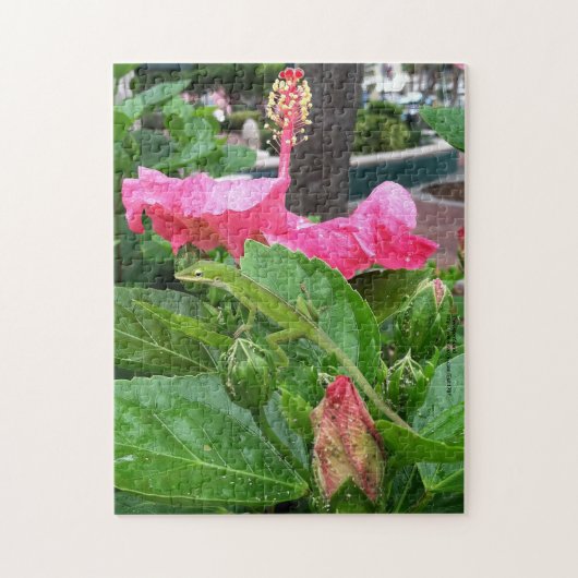 Tropisch roze hibiscus flower camouflaged Lizard Legpuzzel (Verticaal)