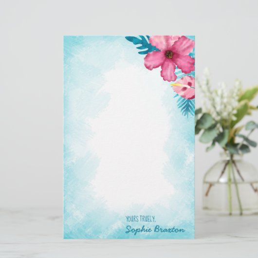 Tropisch roze Hibiscus gepersonaliseerd briefpapie (Staand voorkant)