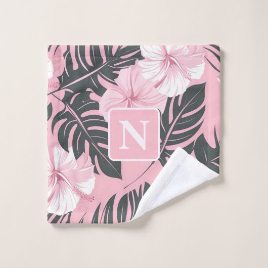 Tropisch roze Hibiscus gepersonaliseerd Monogram Bad Handdoek (Wasdoekje)
