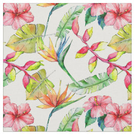 Tropisch roze hibiscus palm leest wit patroon stof