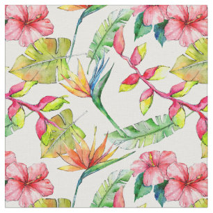 Tropisch roze hibiscus palm leest wit patroon stof