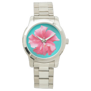Tropisch roze Hibiscus turquoise blauw Horloge