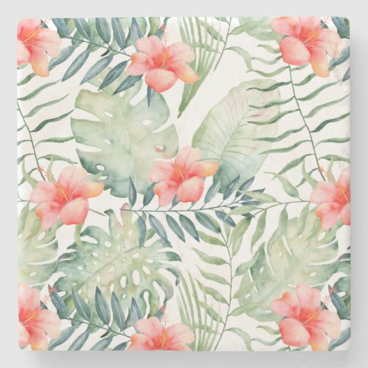Tropisch roze Hibiscus Waterverf Flowers Stenen Onderzetter (Voorkant)