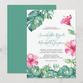 Tropisch roze hibiscus Waterverf Weddenschap Invit (Voorkant / Achterkant)