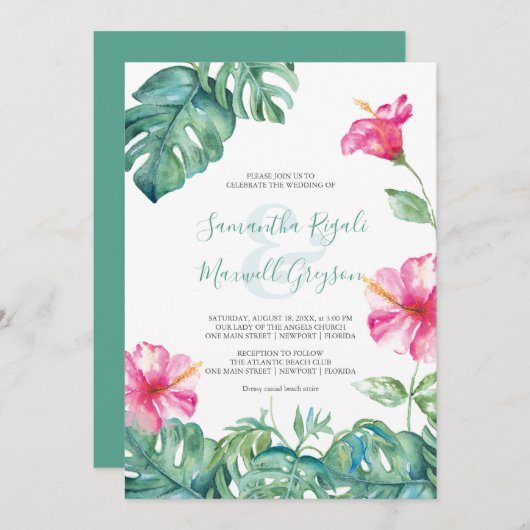 Tropisch roze hibiscus Waterverf Weddenschap Invit (Voorkant / Achterkant)