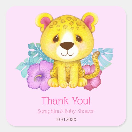 Tropisch roze luipaard Baby shower Dank je wel Vierkante Sticker (Voorkant)