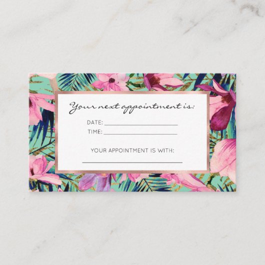 Tropisch roze marineblauw aqua goud modern bloemen afsprakenkaartje (Voorkant)