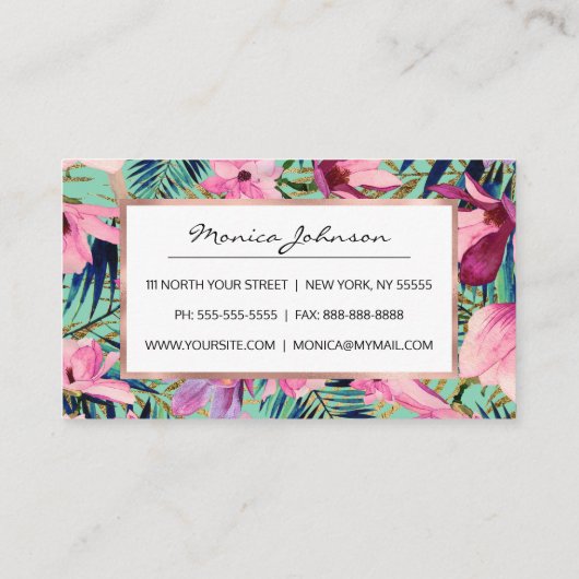 Tropisch roze marineblauw aqua goud modern bloemen klantenkaartje (Achterkant)