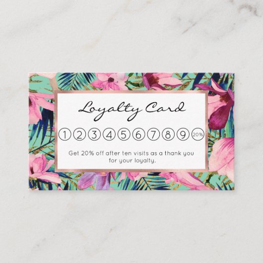 Tropisch roze marineblauw aqua goud modern bloemen klantenkaartje (Voorkant)