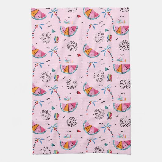 Tropisch roze Memphis Style Pattern Theedoek (Verticaal)