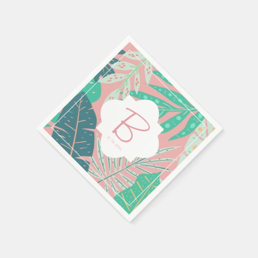 Tropisch roze monogram groene palmbladeren Napkins Servet (Hoek)