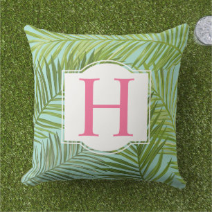 Tropisch roze monogram Letter Palm Leaves Buitenkussen