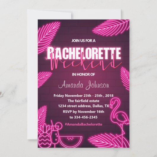 Tropisch roze Neon Bachelorette Weekend Uitnodigin Kaart (Voorkant)