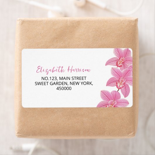 Tropisch roze orchidee bloemenadres etiket (Insitu)