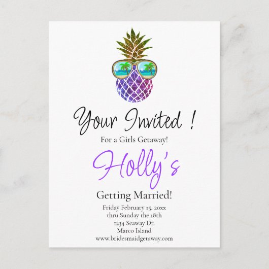 Tropisch roze paarse ananas Bachelorette invite Briefkaart (Voorkant)