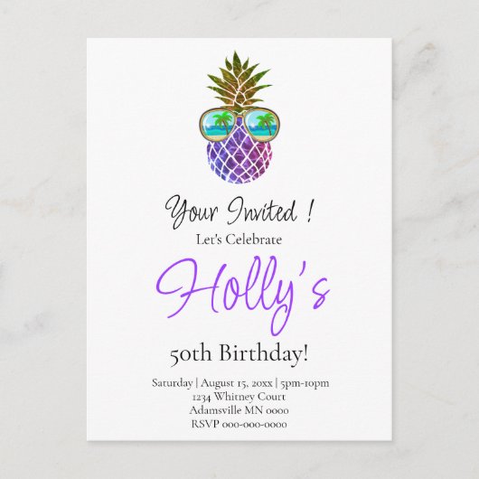 Tropisch roze paarse ananas Verjaardagsfeest Briefkaart (Voorkant)