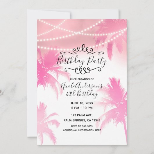 Tropisch roze palmbomen en lampjes Birthday Party Kaart (Voorkant)
