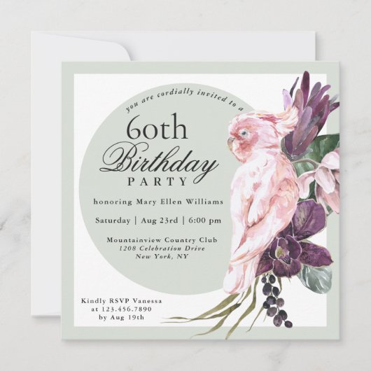 Tropisch roze papegaai en Sage Floral 60e verjaard Kaart (Voorkant)