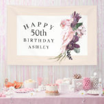 Tropisch roze papegaai Happy 50th Birthday Spandoek<br><div class="desc">Viel een 50e verjaardag in boho tropische stijl met dit verjaardagsbannerontwerp. Het heeft een roze papegaaien met de tropische waterverf die op een luidop zijn geperst. Het viert de verjaardagsdame in gedenkwaardige stijl! Hier getoond als 50ste verjaardag, kunt u de leeftijd aan om het even welke leeftijd aanpassen. De mooie...</div>