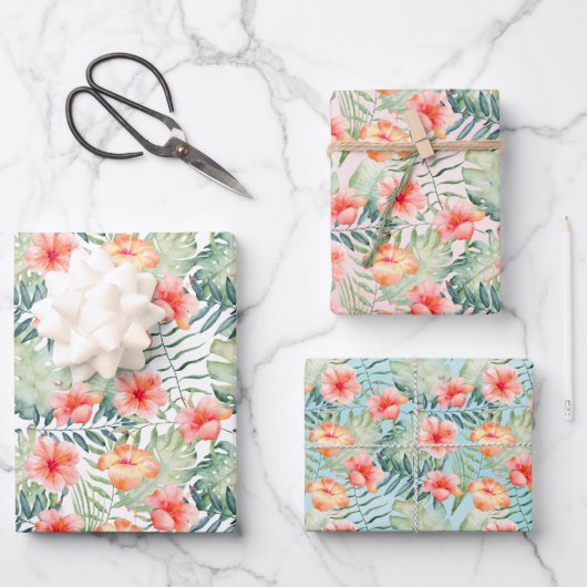 Tropisch roze peach Hibiscus Floral   Inpakpapier Vel (Voorkant)