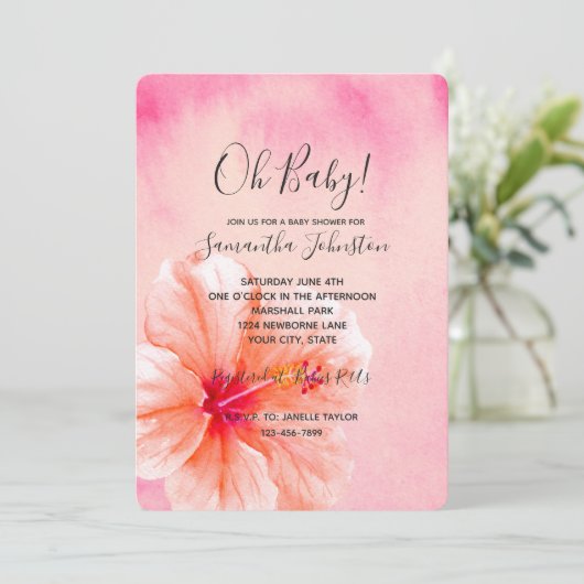 Tropisch Roze Perzik Hibiscus Flower Baby shower Kaart (Staand voorkant)