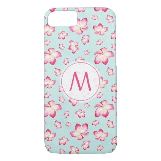 Tropisch Roze Plumeria Bloemen Waterverf Monogram Case-Mate iPhone Case (Achterkant)