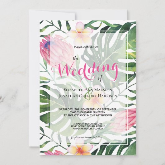 Tropisch roze Protea Greenery Floral Wedding Kaart (Voorkant)